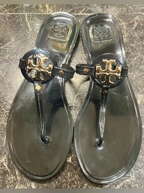 Jelly Sandals in black with gold hardware size 9